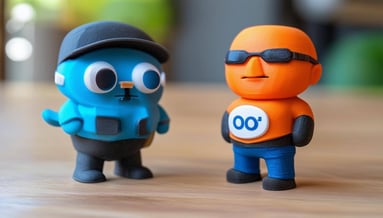 An image of custom 3D printed figurines representing a company mascot and a signature product, serving as promotional materials and conversation start