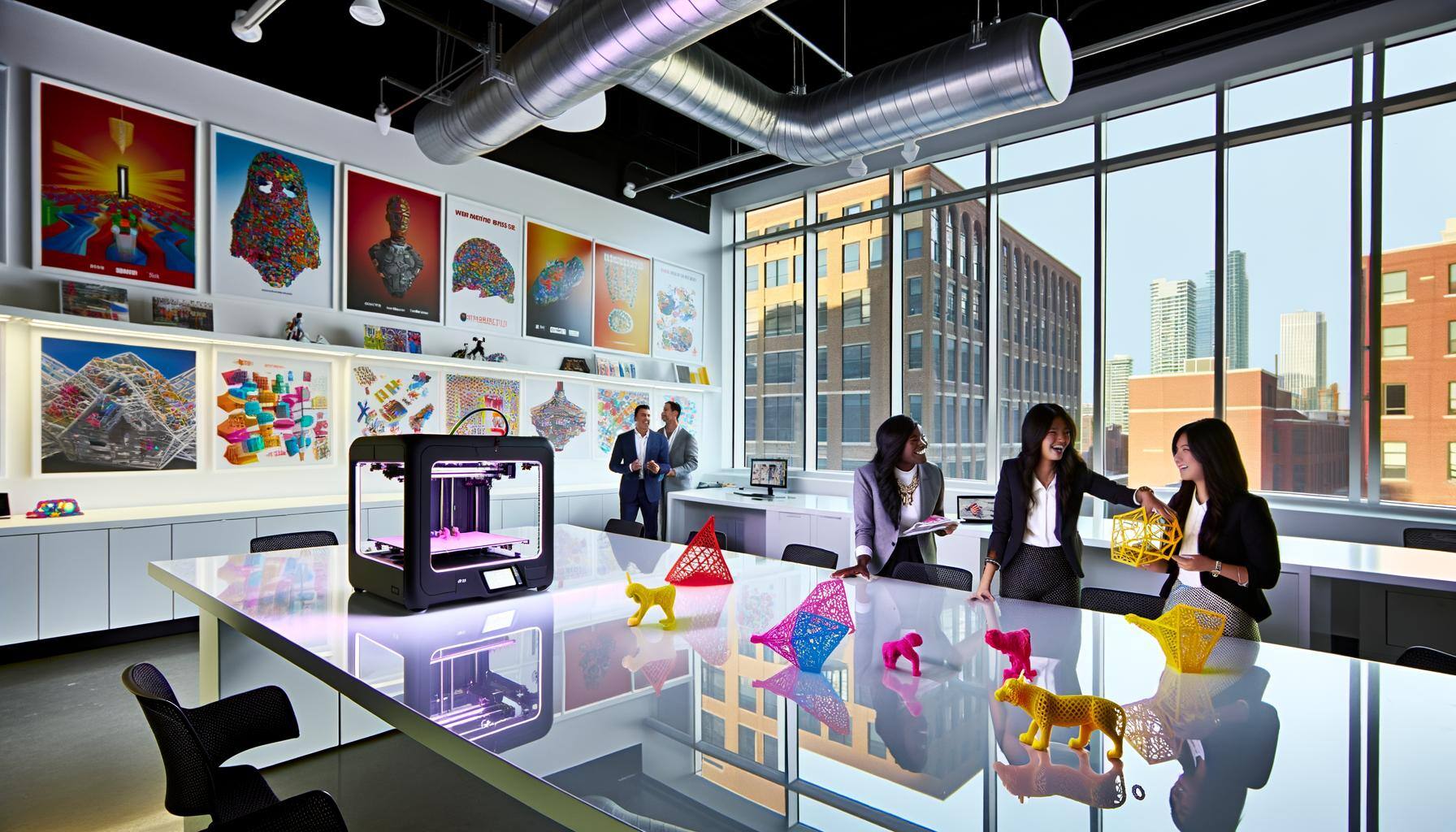 A modern PR agency office, situated in Toronto, houses expansive windows that permit natural sunlight to illuminate the room. A high-tech 3D printer,