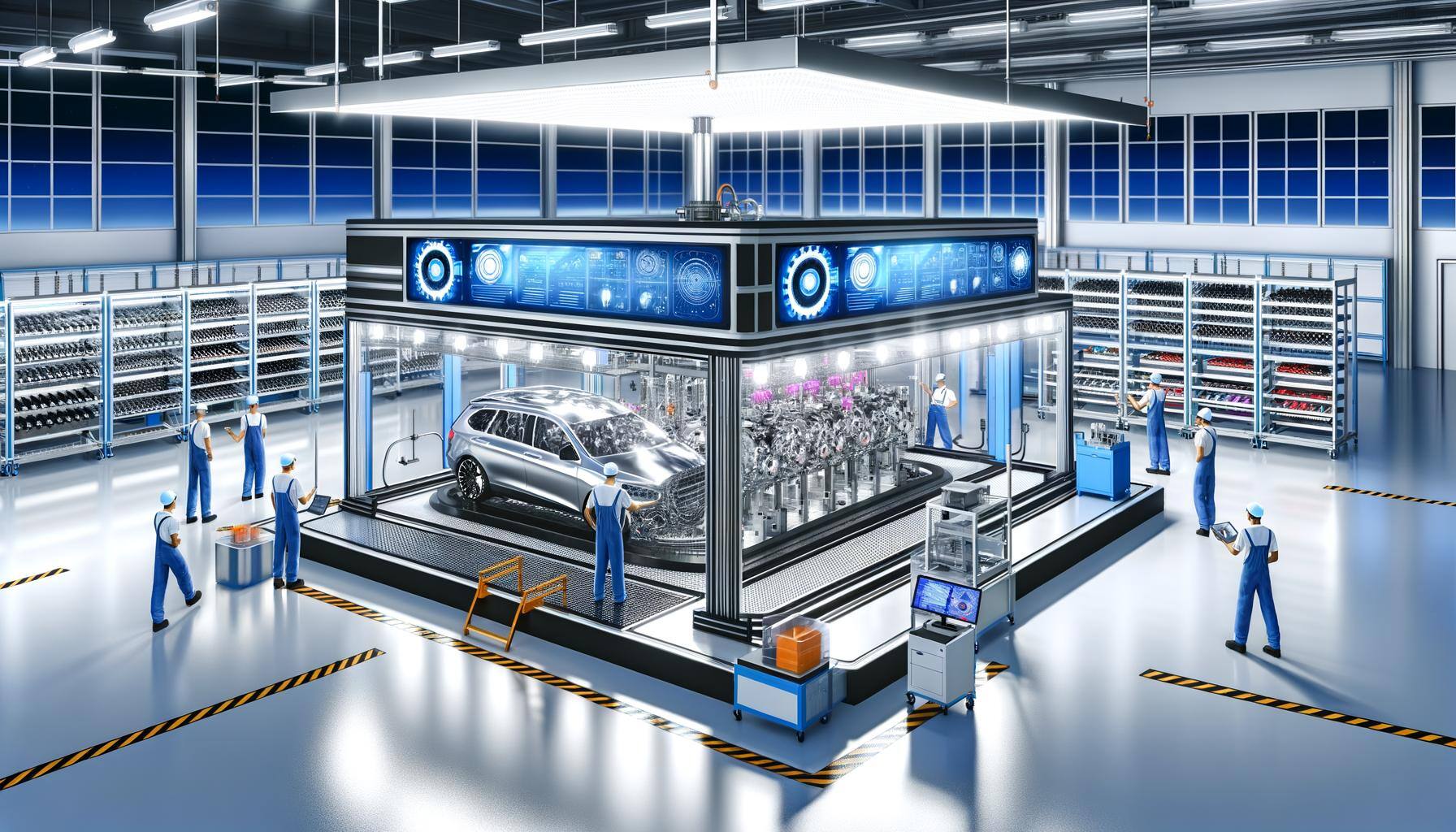 The image depicts a modern, sleek, and innovative automotive machine, attracting all the attention in a state-of-the-art manufacturing facility. It sh