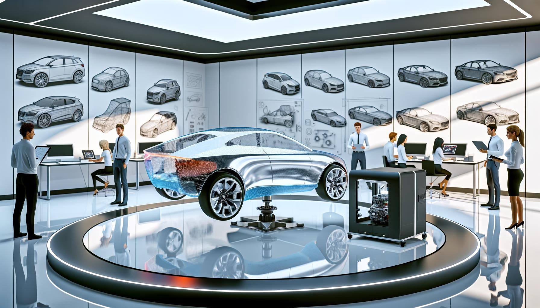 Depict a modern and glossy automobile design studio filled with natural light. In the foreground, there"s a cutting-edge 3D scanner stationed near a g